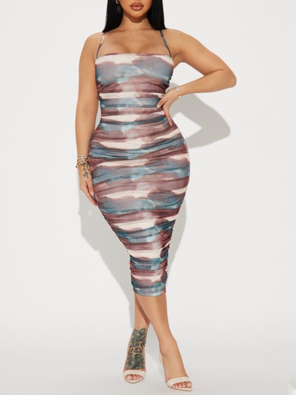 Fashion Nova Clara Mesh Midi Dress 1X Brown Blue Ruched Bodycon Abstract Print